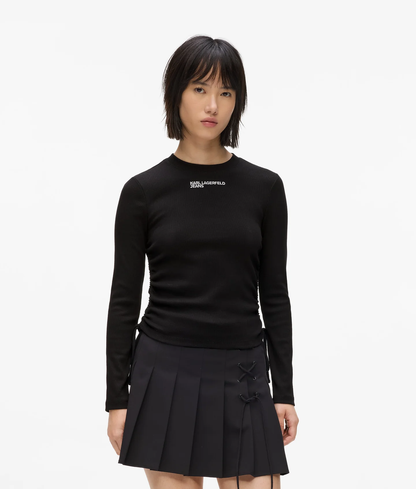 تاپ آستین بلند زنانه کارل لاگرفلد مدل Ruched Ribbed مشکی