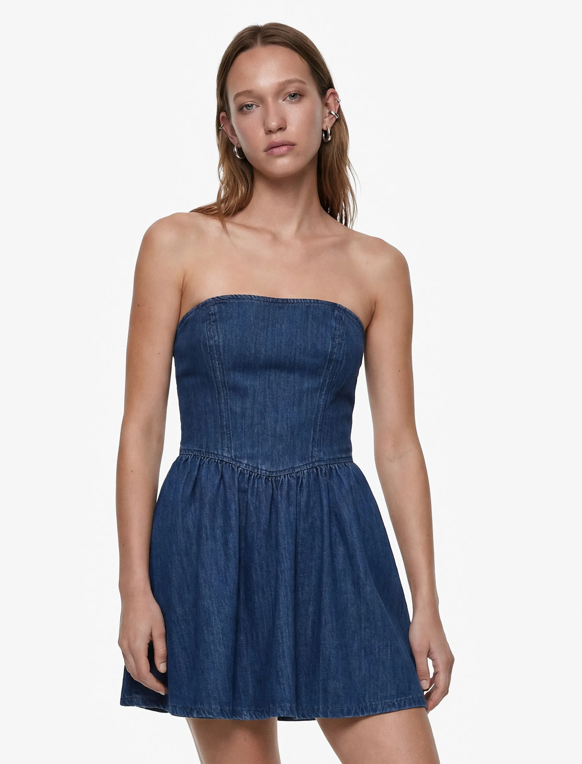 پیراهن جین کوتاه زنانه Koton مدل Strapless Heart Neck Corset Detail Mini Denim Dress - تصویر 3