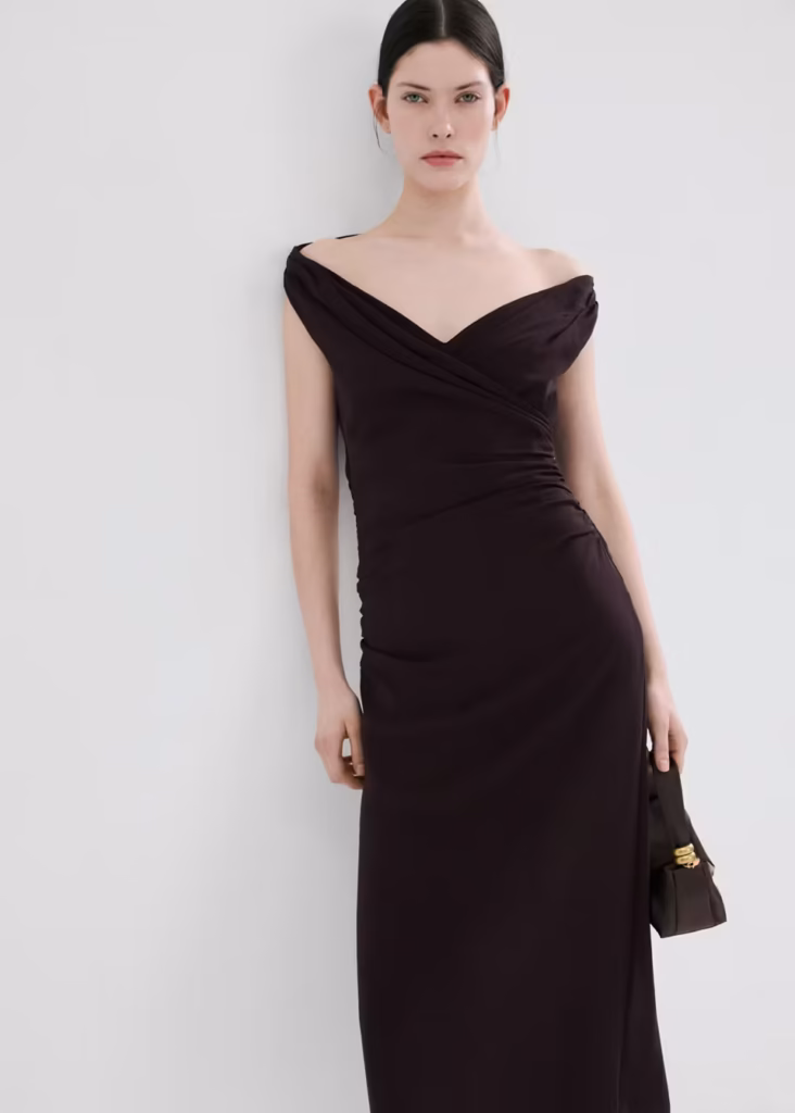 پیراهن میدی چین‌دار زنانه Mango Ruched Crossover Dress