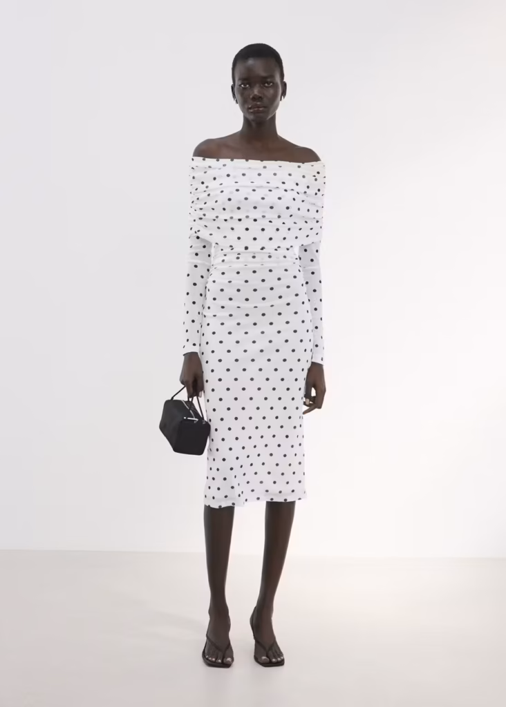 پیراهن میدی دکلته خال‌خالی زنانه Mango Polka-Dot Strapless Dress