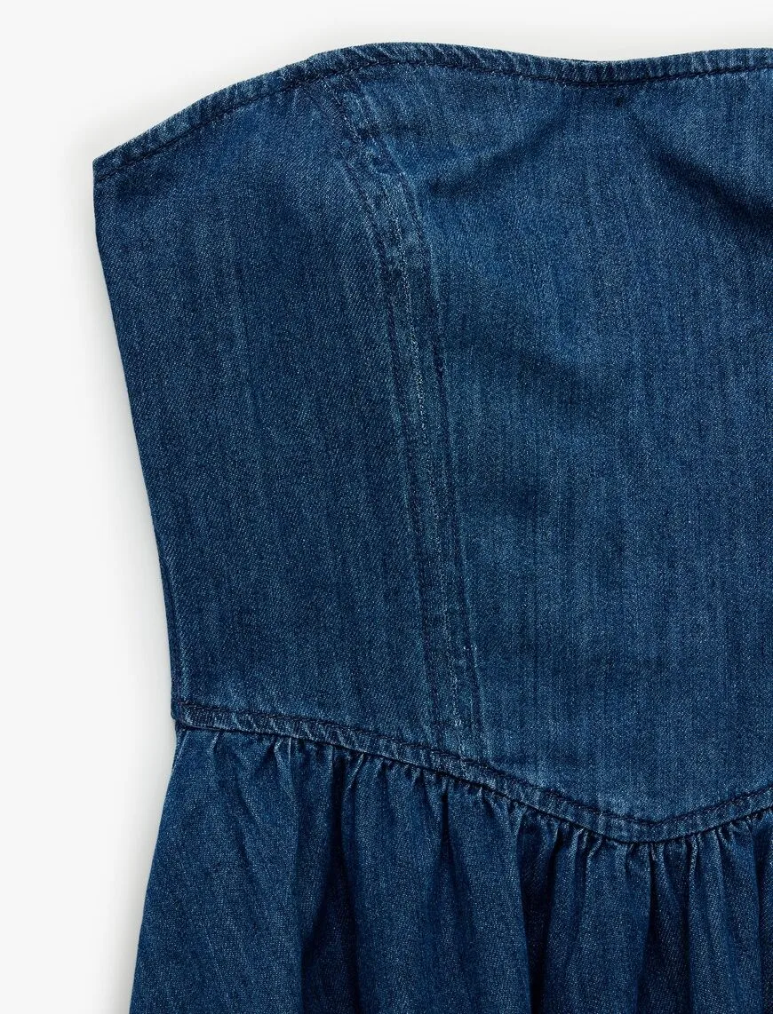 پیراهن جین کوتاه زنانه Koton مدل Strapless Heart Neck Corset Detail Mini Denim Dress - تصویر 2