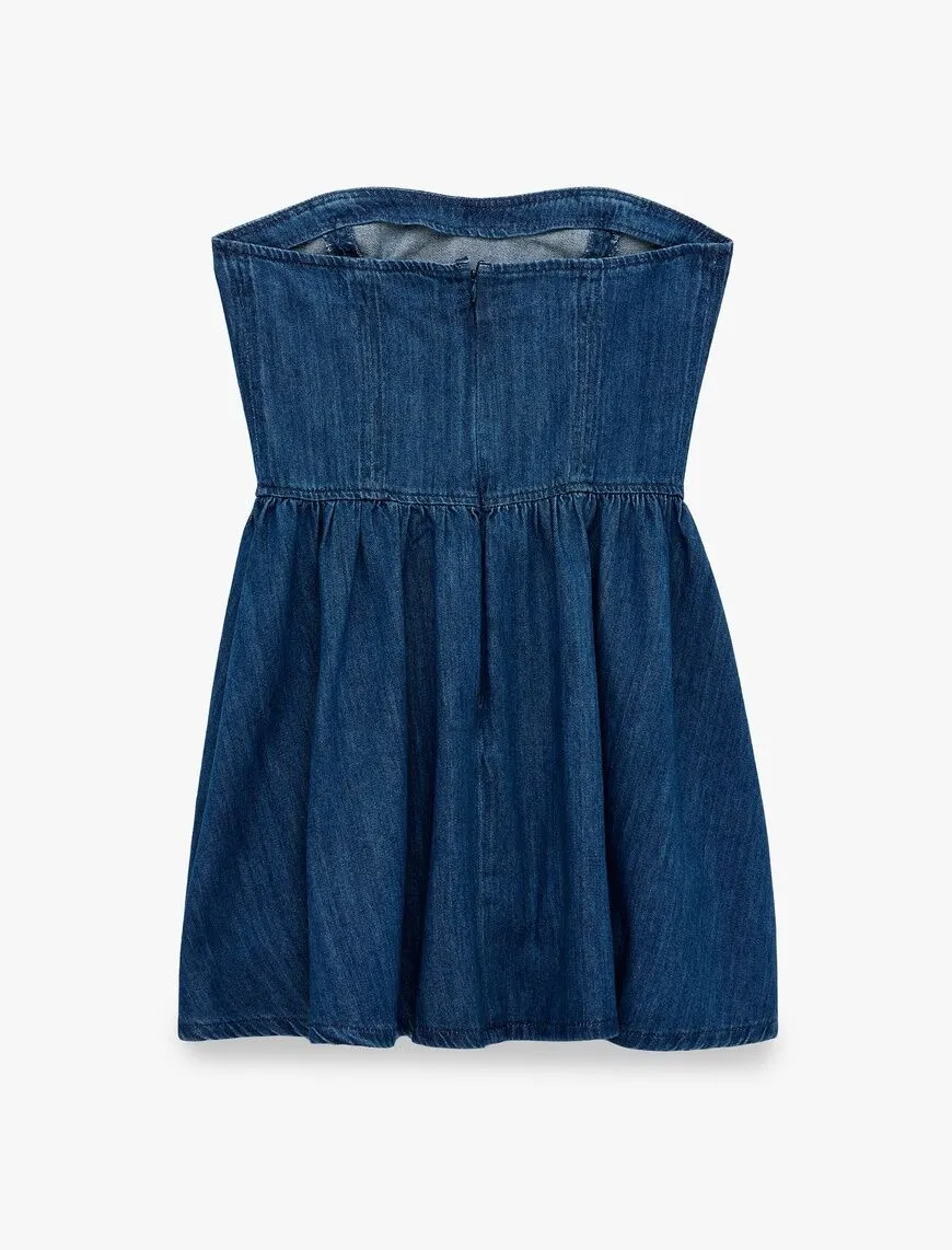 پیراهن جین کوتاه زنانه Koton مدل Strapless Heart Neck Corset Detail Mini Denim Dress - تصویر 4