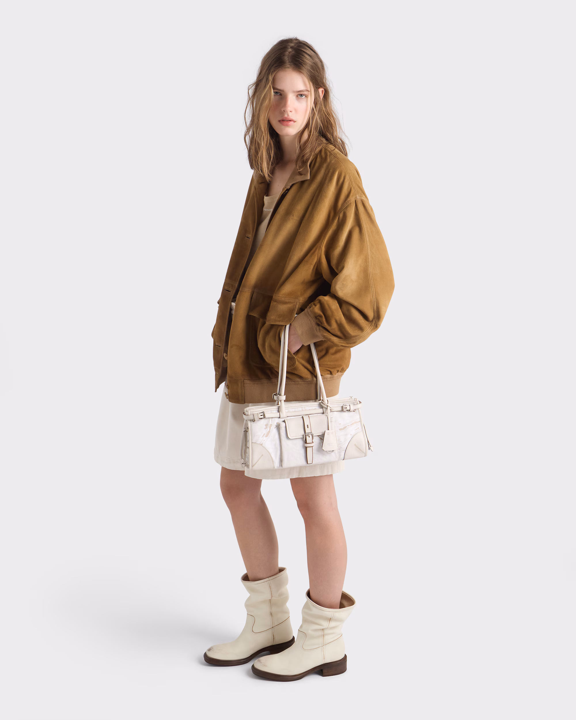 کیف دستی متوسط Prada Bonnie از جنس کتان چاپی و چرم - تصویر 2