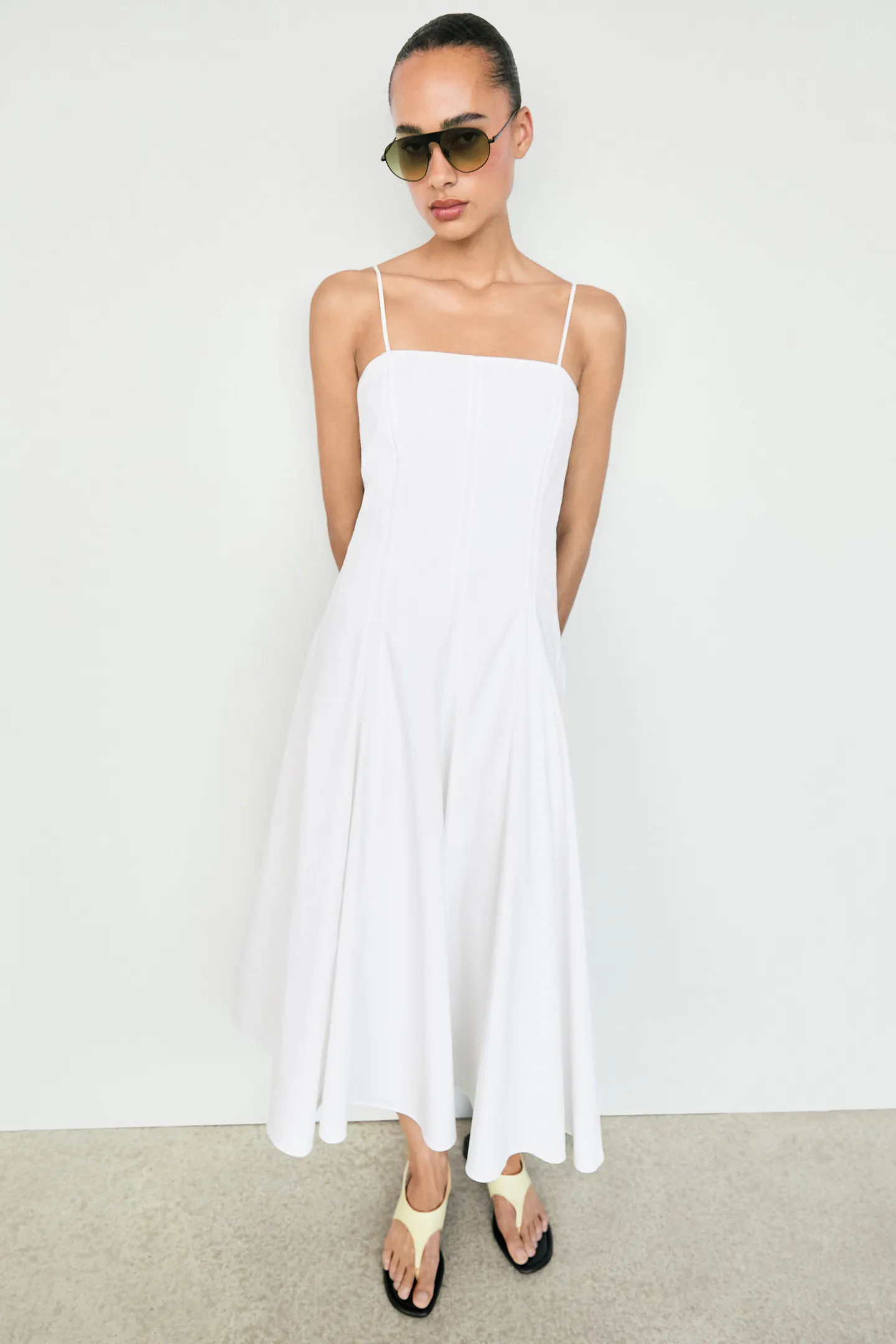پیراهن میدی سفید پاپلین بند نازک Massimo Dutti - تصویر 4